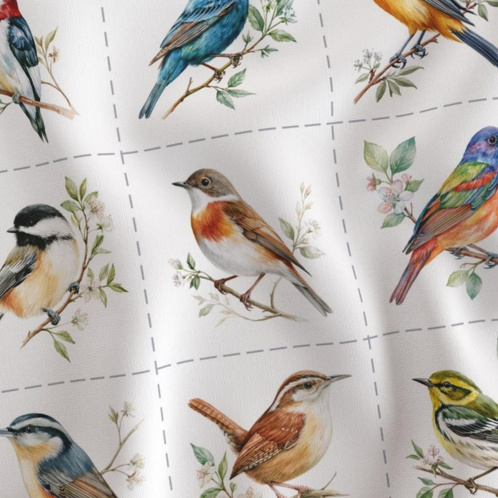 Close-up of realistic watercolor songbirds with feather and botanical details