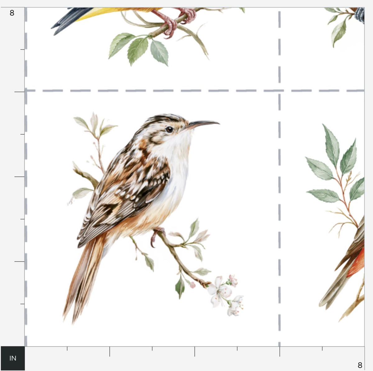 Single watercolor songbird block ready for fussy cutting