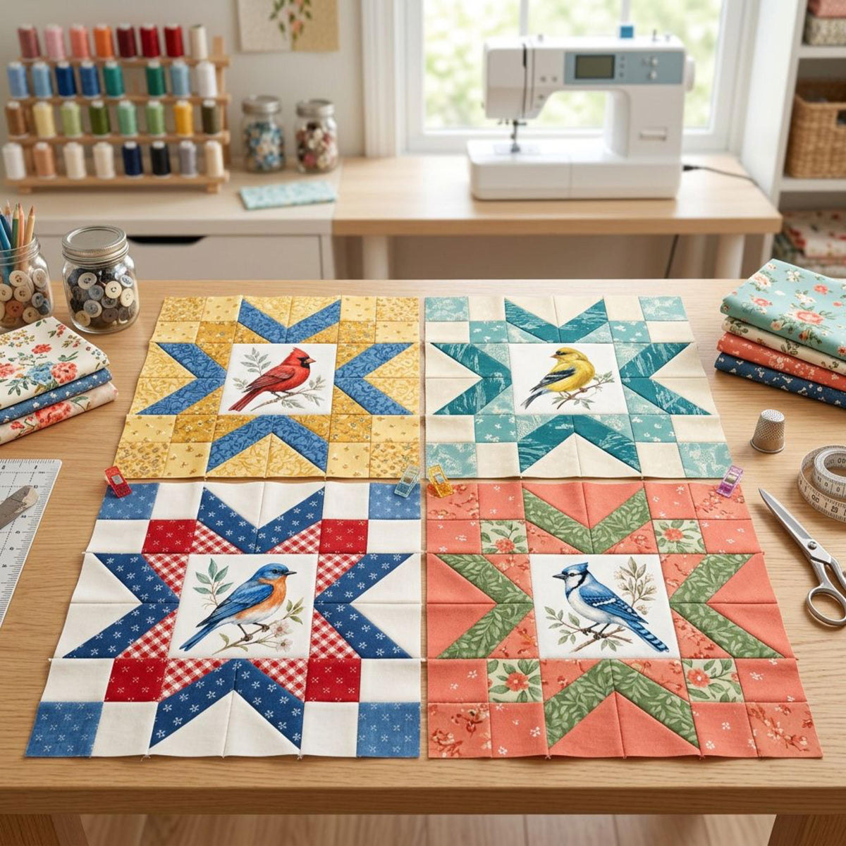 Ohio Star quilt blocks made with fussy-cut songbird fabric centers