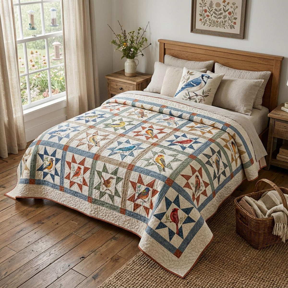 Handmade songbird quilt on a bed with watercolor bird blocks