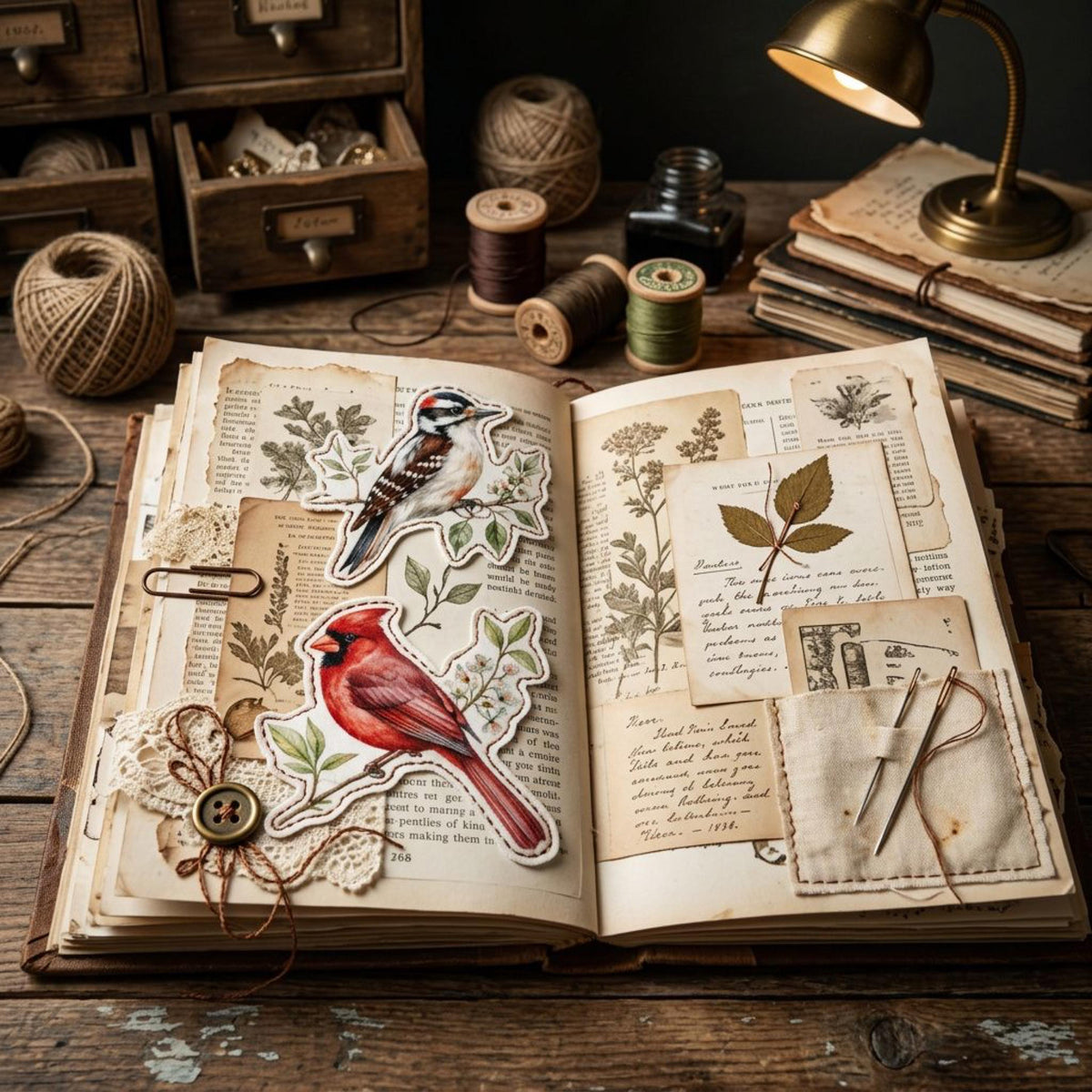 Songbird fabric appliqués decorating a vintage-style nature journal