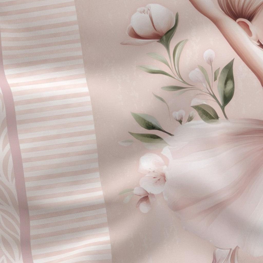 Close-up of ballerina panel florals and striped border on quilting cotton