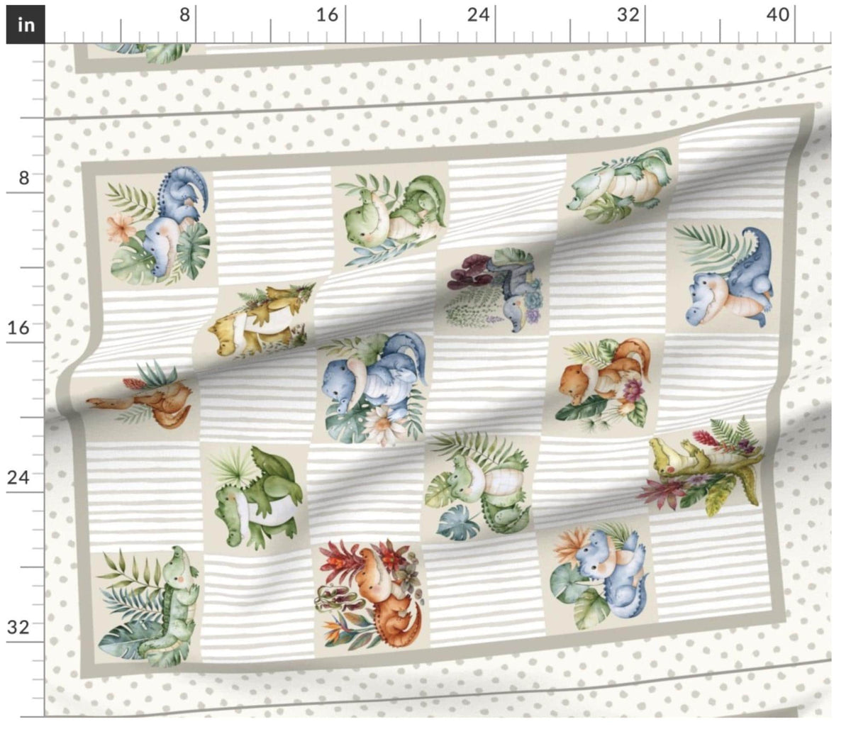 Little Gator quilt panel with dimensions showing the 36 x 42 in layout