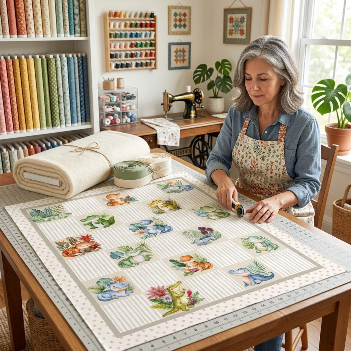 Alligator quilt panel laid on a quilting table before batting, backing and binding