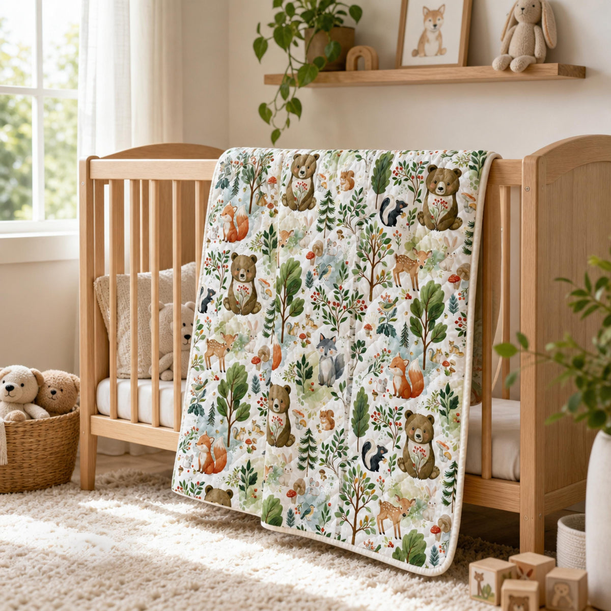 Woodland animals fabric print with foxes, deer, rabbits, squirrels and birds among trees and mushrooms