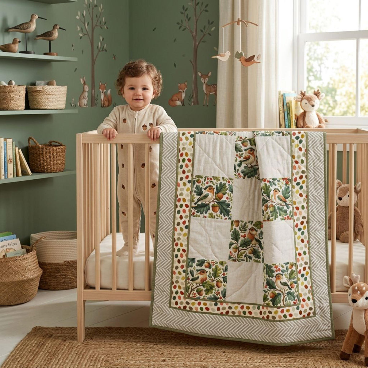 Baby standing in a crib beside a finished Little Birdie woodland quilt