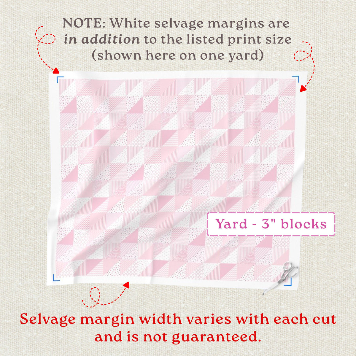 One yard of pink cheater quilt fabric with 3-inch printed patchwork blocks