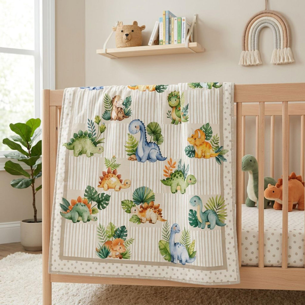 Finished Little Jurassic dinosaur baby quilt on a crib in a modern nursery