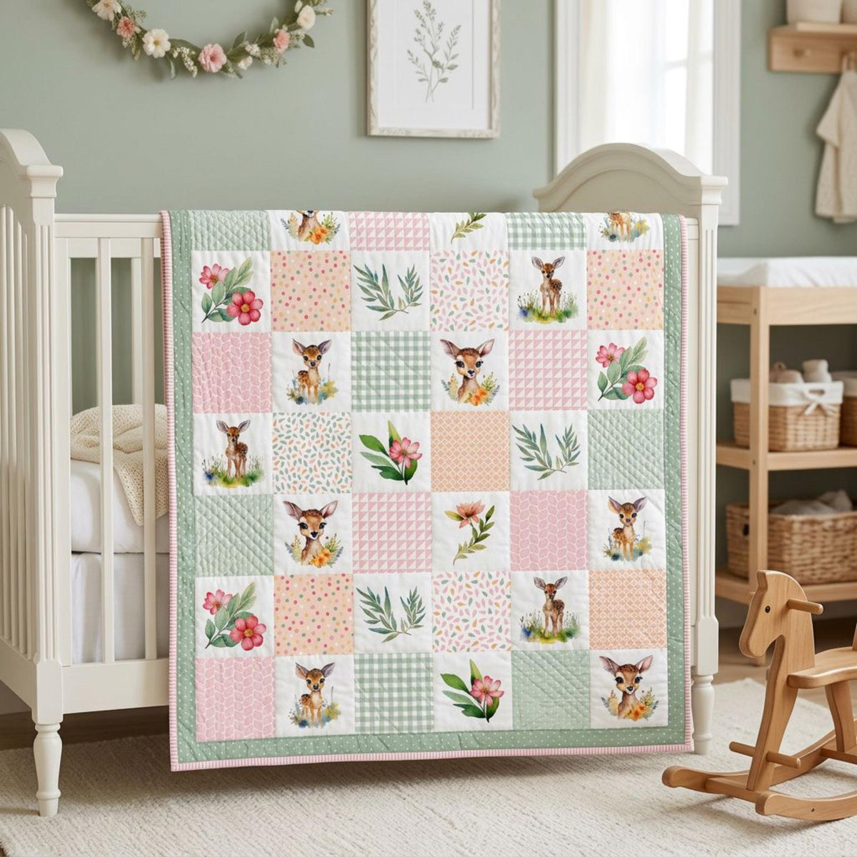Finished Meadow Fawn baby quilt draped on a crib in a woodland nursery, made from the beginner-friendly quilt kit