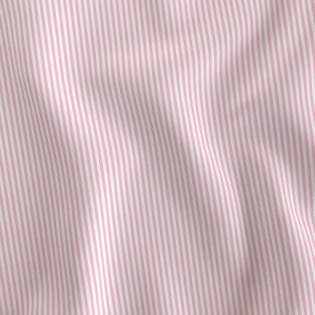 Baby Pink 1/8 inch candy stripe fabric draped to show the soft hand and fine soft baby pink and white stripe