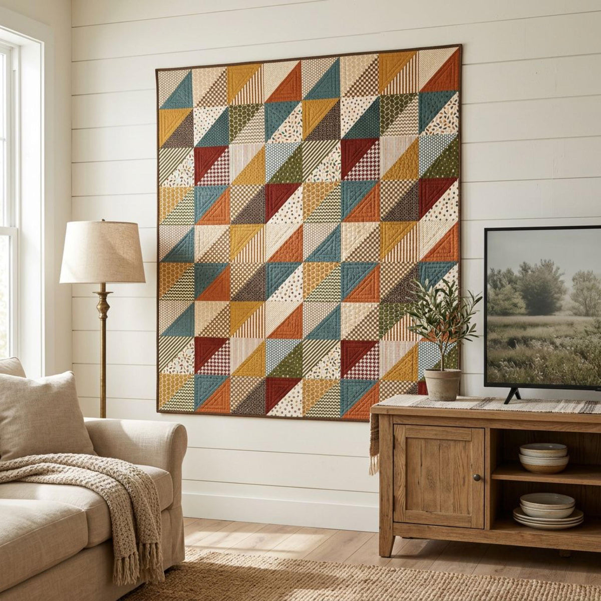 Modern autumn cheater quilt as wall decor in mustard, sage, rust, teal and cream