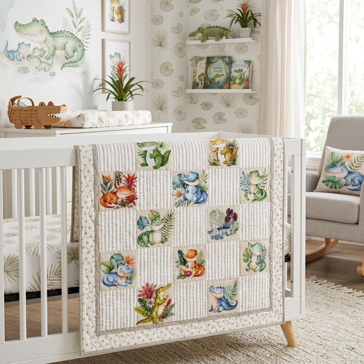 Finished alligator baby quilt displayed over a crib in a safari-style nursery