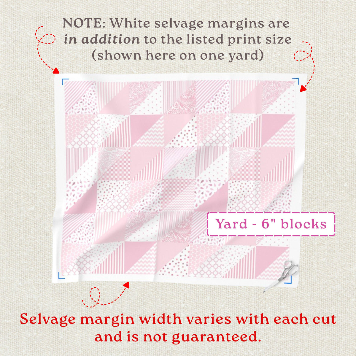 Pink cheater quilt fabric 6-inch block layout shown across one yard for scale