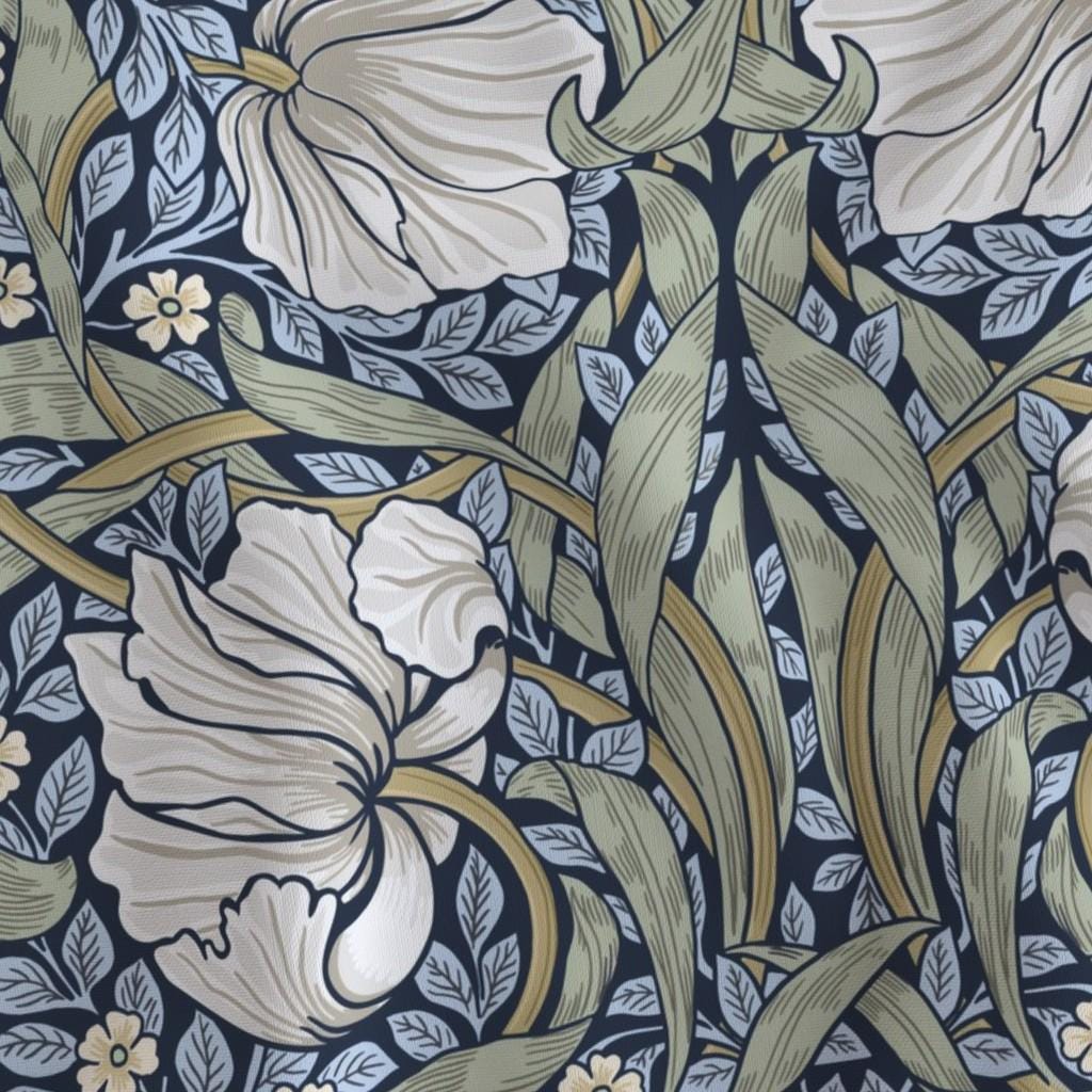 Deep blue William Morris Pimpernel floral quilting cotton fabric by the yard