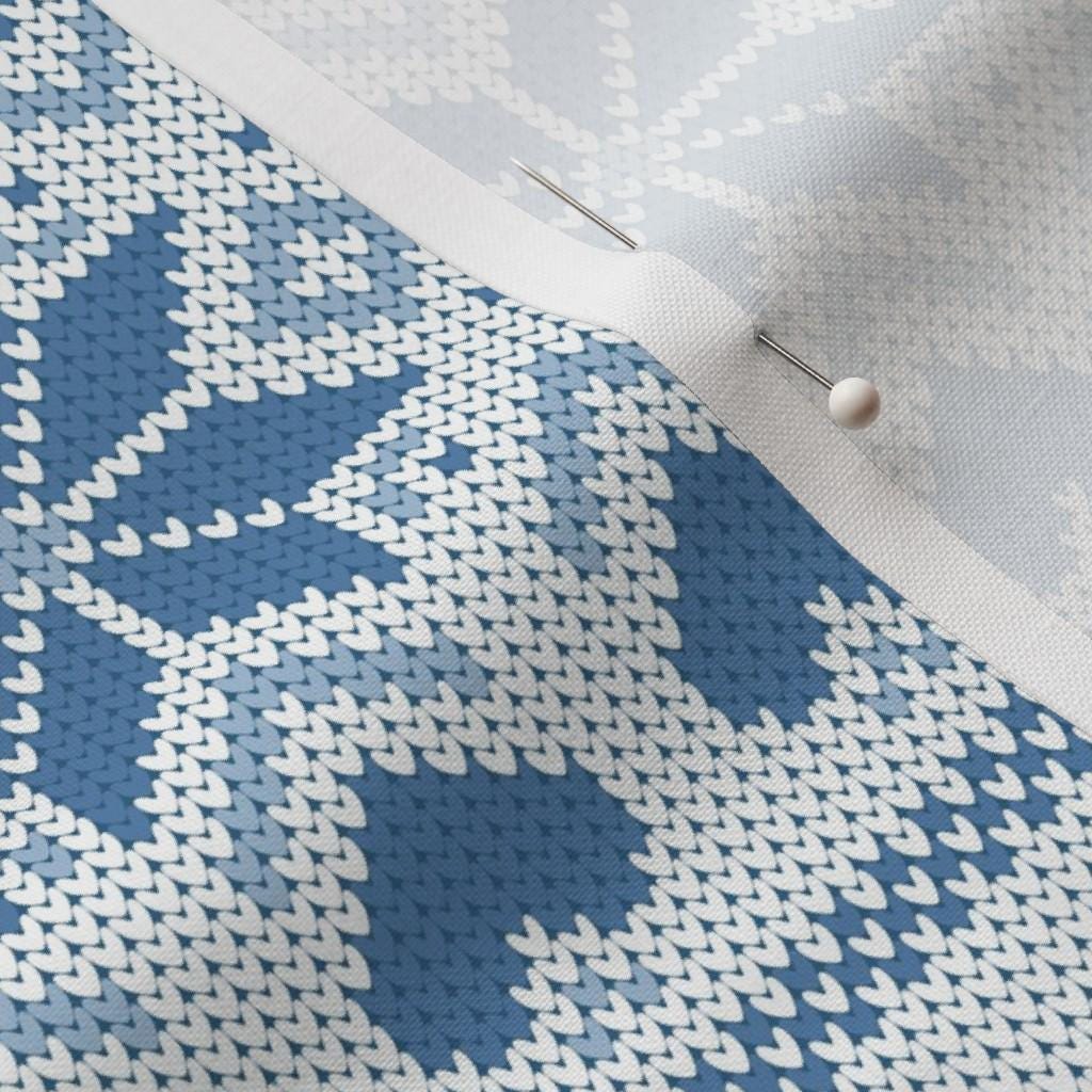 Blue Fair Isle Scandinavian heart print detail on faux knit quilting cotton
