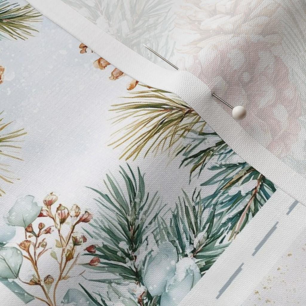 Close-up of winter botanical cardinal fabric with pine branches, pinecones and holly