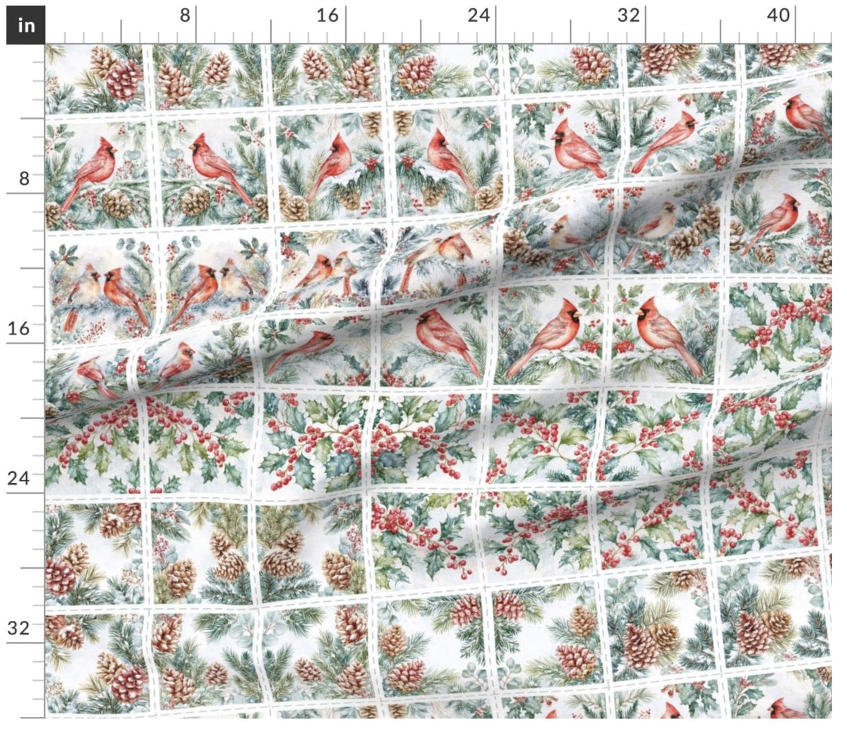Cardinal Christmas fabric at full scale with repeating 6-inch cut-apart blocks