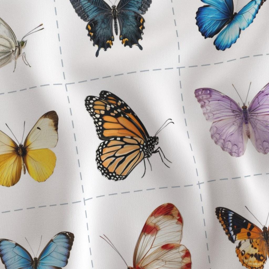 Close-up of cut-apart quilt blocks with realistic colorful butterflies