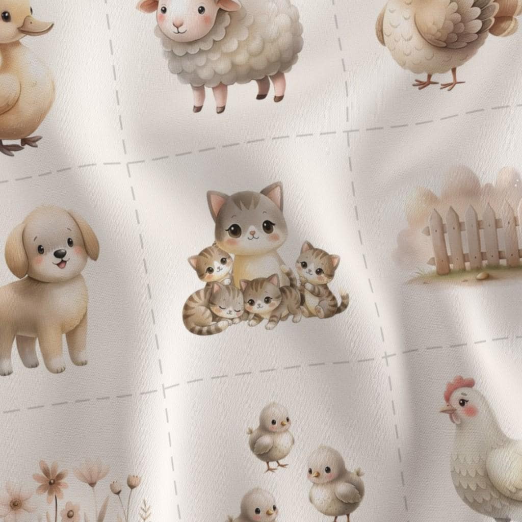 Close-up of watercolor sheep, chickens, cats and country animals in cut-apart blocks