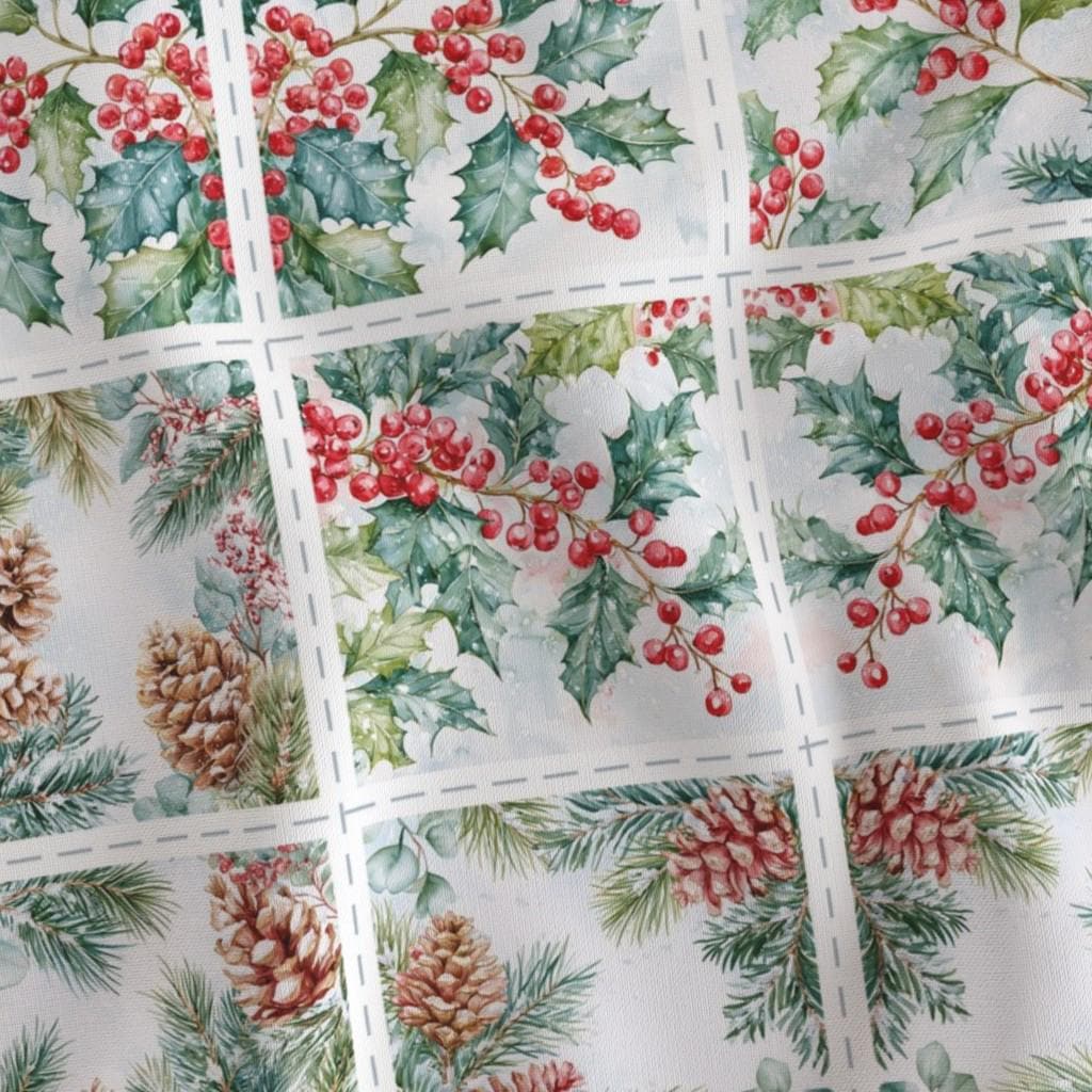 Close-up of cut-apart quilt blocks with red cardinals, holly, pinecones and evergreen branches