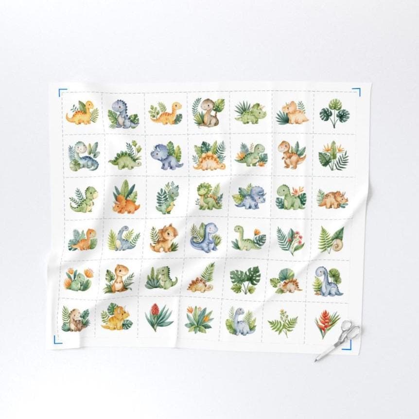 Full one-yard dinosaur cut-apart panel with baby dinosaurs and prehistoric plants