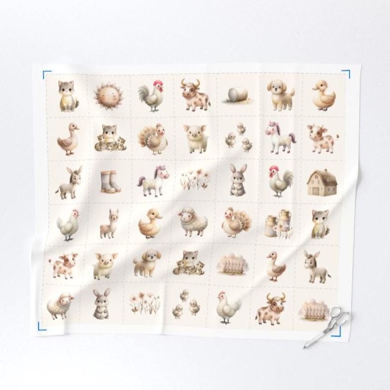 Full farm animal cut-apart panel with rows of neutral watercolor animals