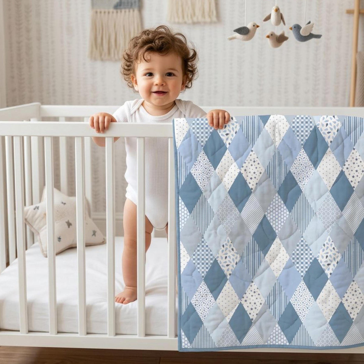 Blue diamond baby quilt draped over a white crib