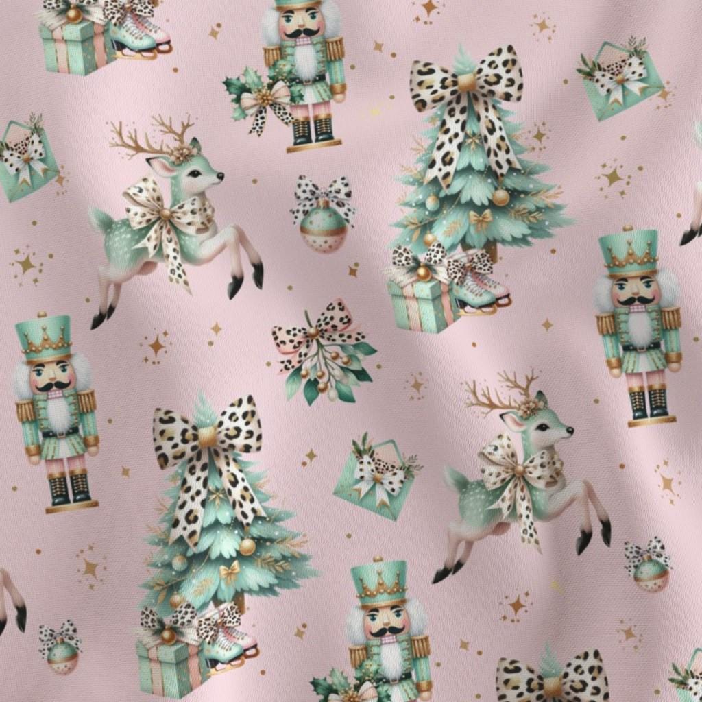 Printed watercolor nutcracker and Christmas tree pattern on Coquette Christmas fabric