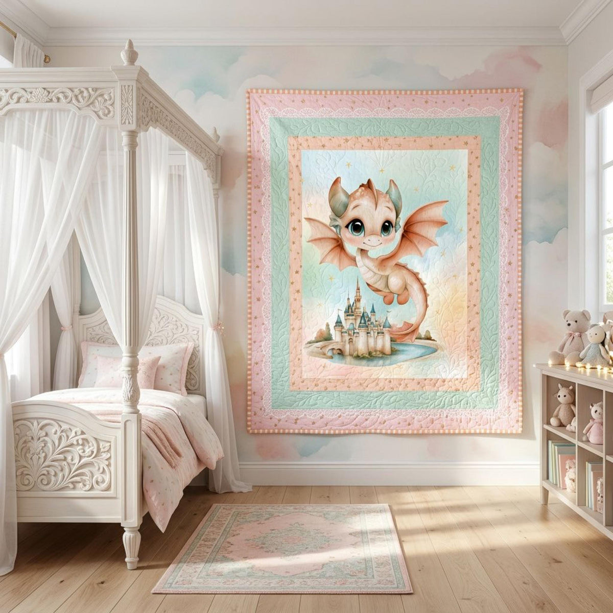 Baby dragon panel finished as a wall quilt with pastel borders in a child's bedroom