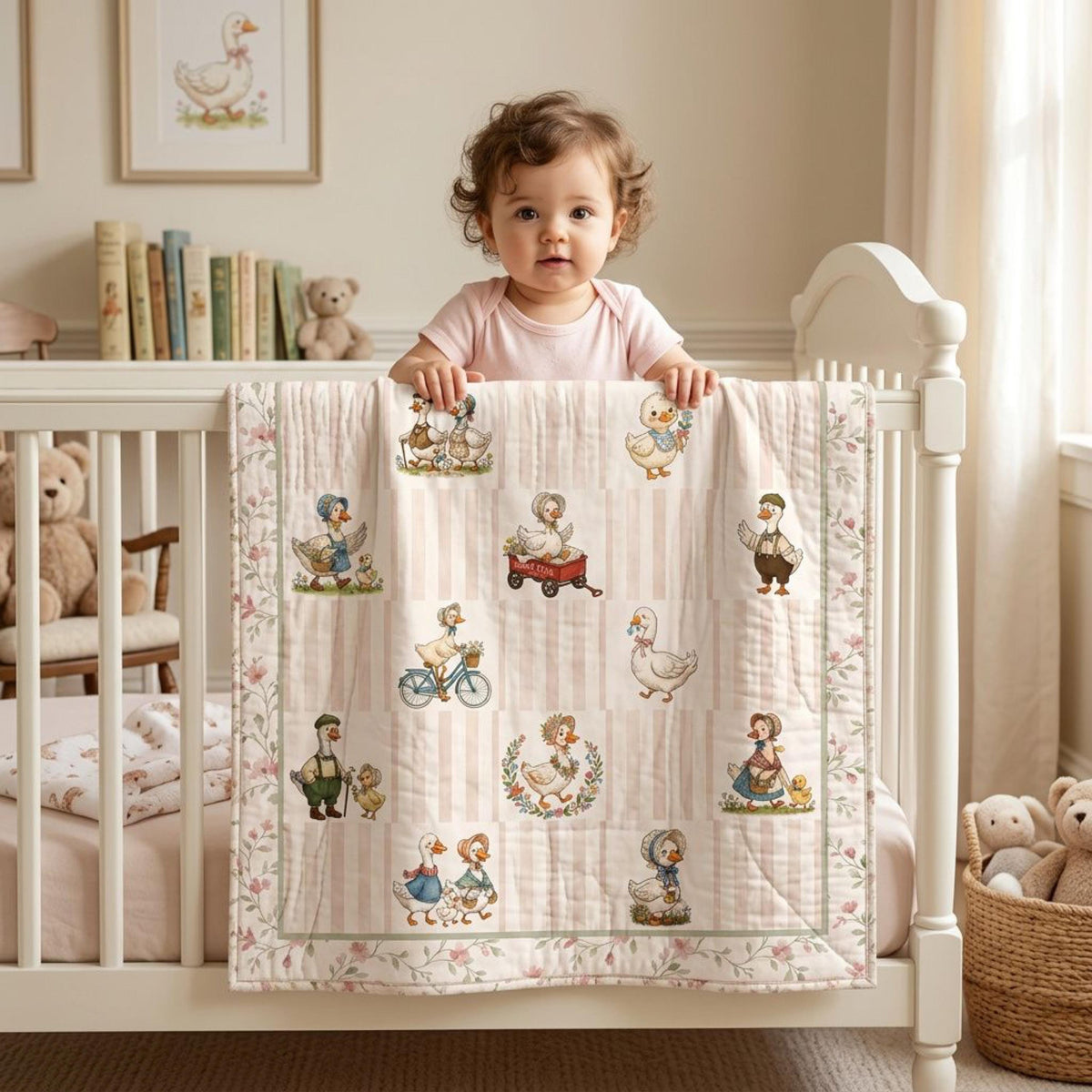 Baby girl in a crib with a finished Silly Goose cheater quilt in blush and sage