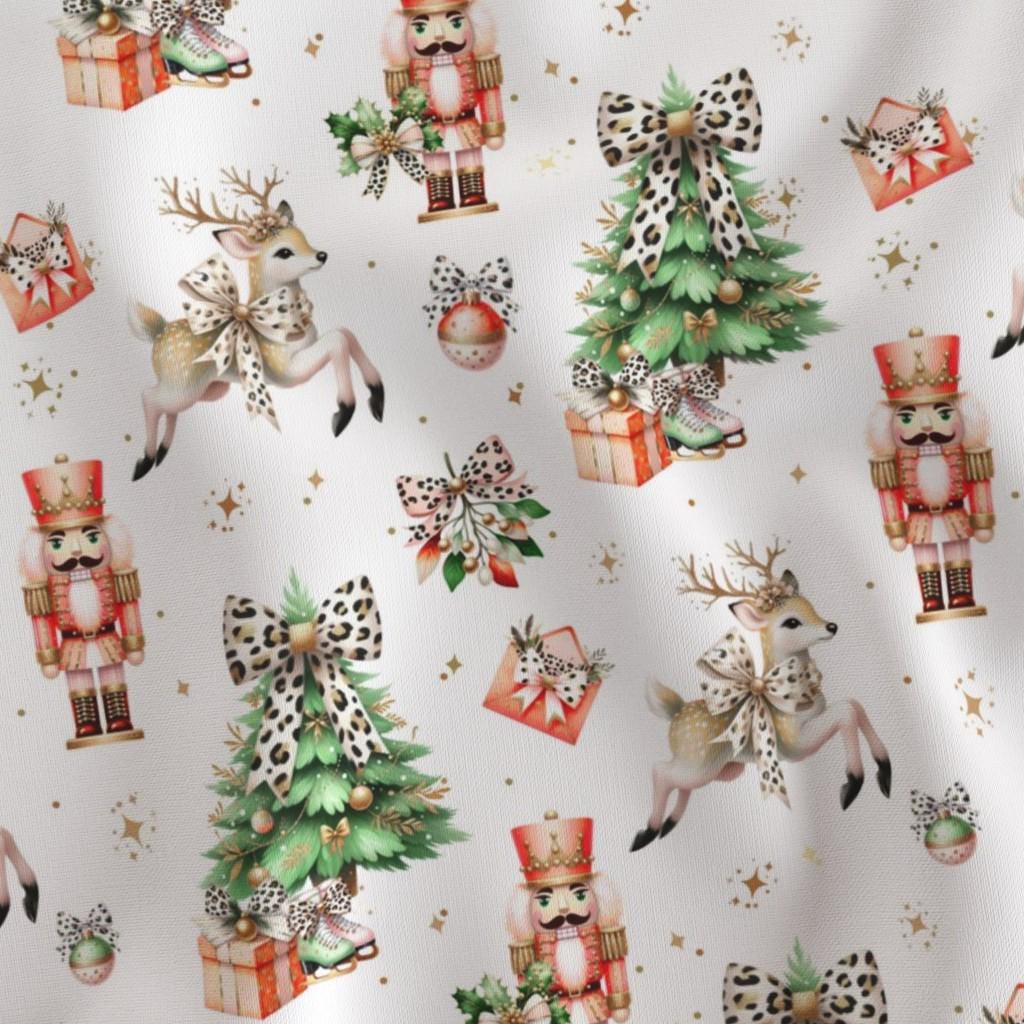 Coquette Christmas fabric – watercolor nutcracker and Christmas tree quilting cotton fabric by the yard