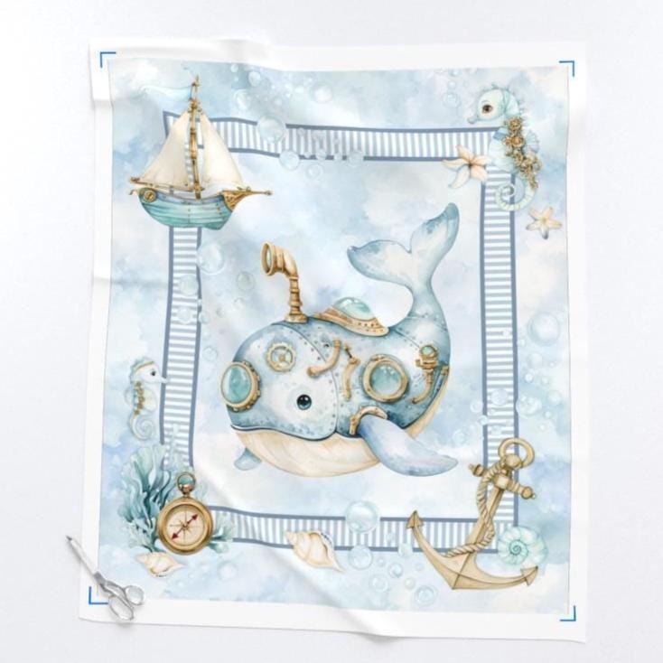 One-yard Whimsical Whale no-piecing quilt panel, 36 x 42 in, with anchors, sailboats and ocean illustrations