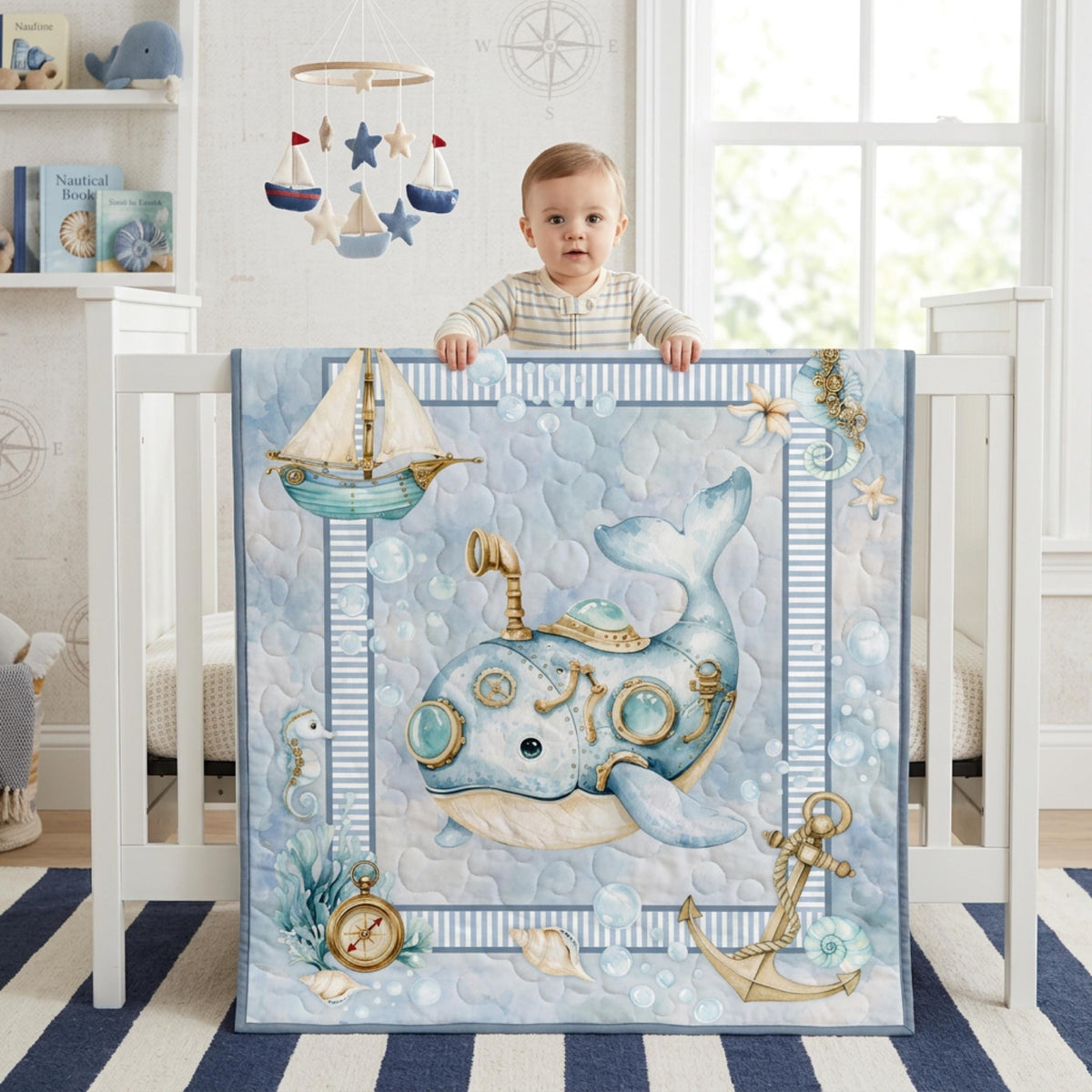Finished watercolor whale baby quilt styled in a coastal nursery