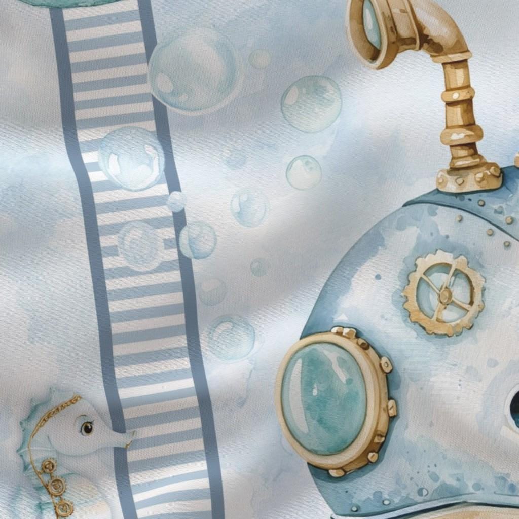 Close-up of the Whimsical Whale quilt panel showing the watercolor whale, bubbles and border illustrations