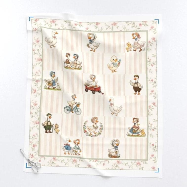 Silly Goose quilt panel fabric on beige stripes with floral border, cut with scissors